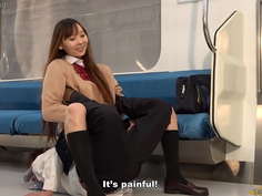 Japanese School Girl Risa Punishes Masochistic Man with Martial Arts on Train
